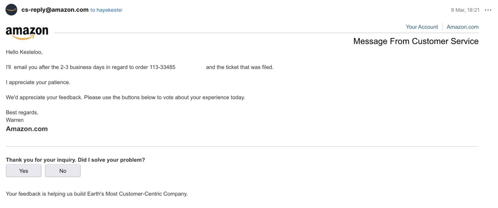 Screenshot of the confirmation email from Amazon supervisor Warren.