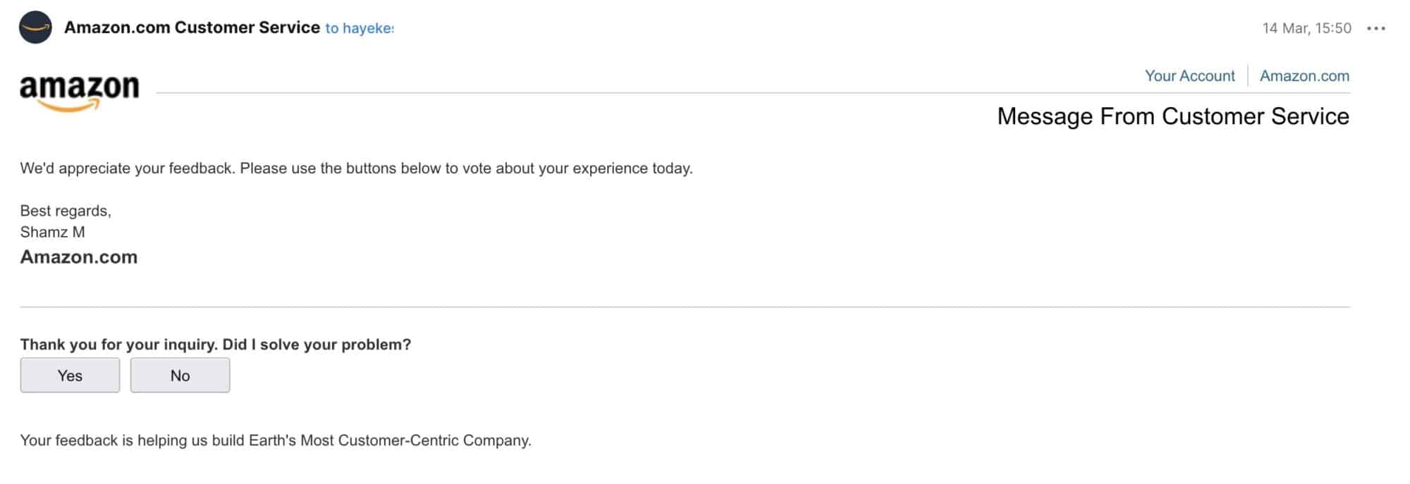 Screenshot of Amazon's email confirming the 20 percent partial refund.
