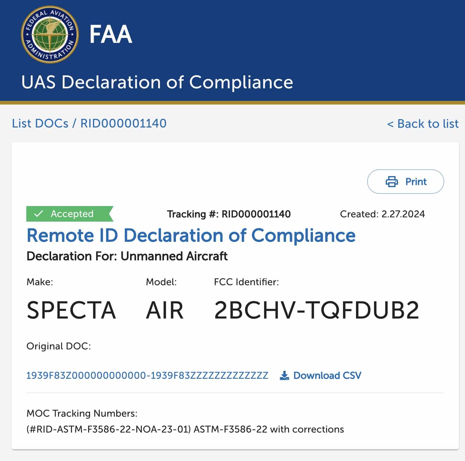 Screenshot documenting the Remote ID compliance status of the Cogito Specta Air.