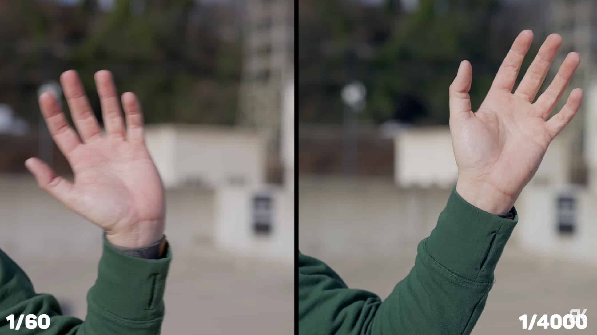 Comparison frame showing how shutter speed errors matter far less in wide drone footage.