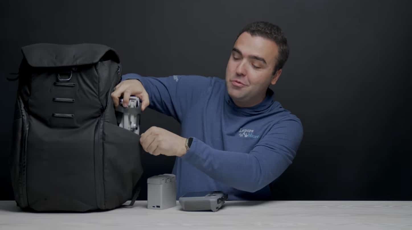 Billy Kyle's kit bag packed with the Mavic 3 Pro and spare batteries.