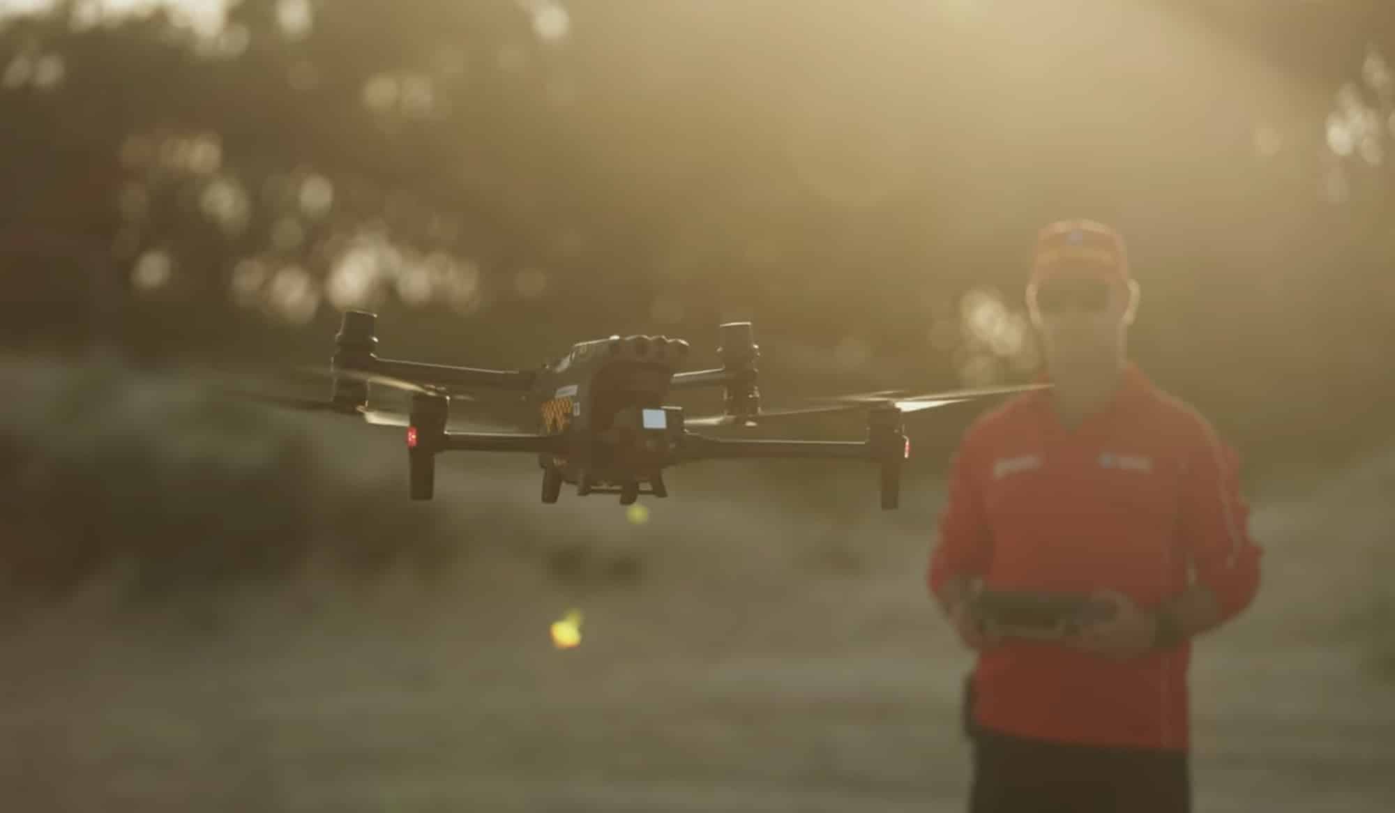 Patrol drone hovering above the water line at a Queensland beach.