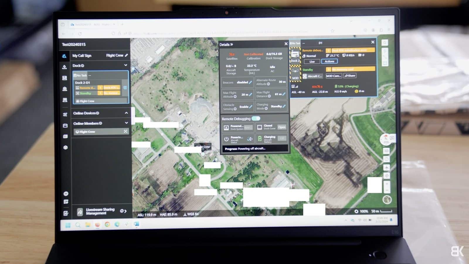 Screenshot of the dock control software showing system details and the dock's map location.