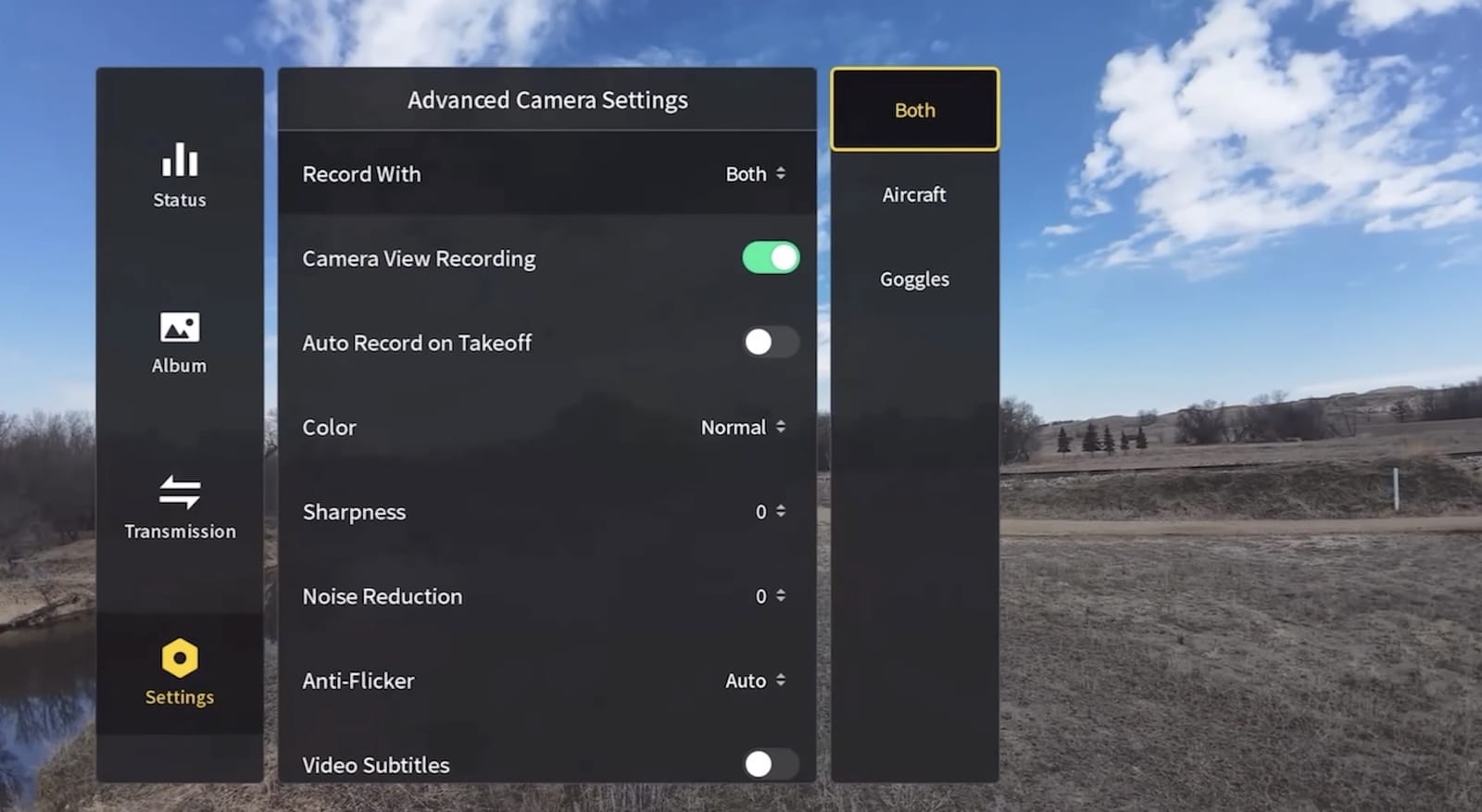 Advanced Camera Settings panel offering recording, color, sharpness and anti-flicker options.