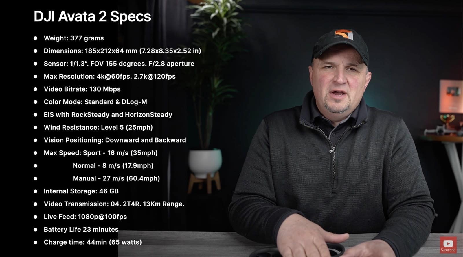 Specification slide for the DJI Avata 2 shown during the 51 Drones review.