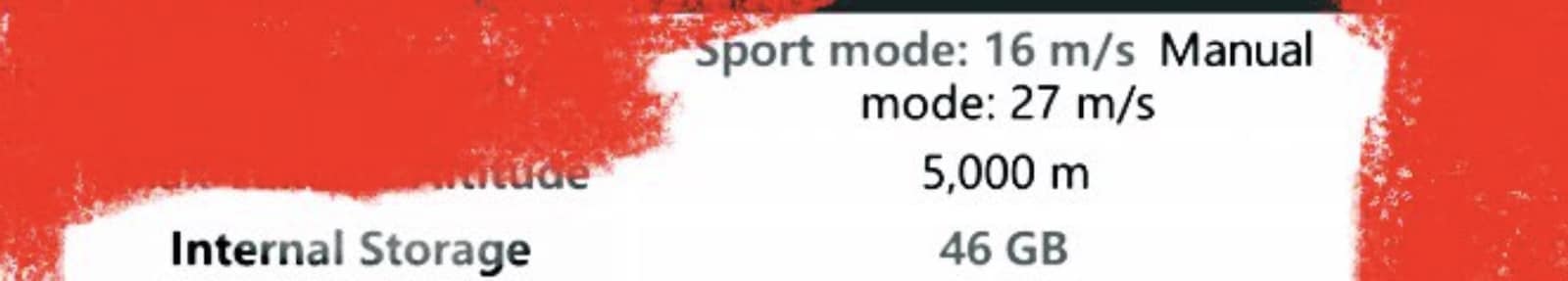 Leaked spec listing showing the Avata 2 manual-mode top speed of roughly 60 mph (97 km/h).