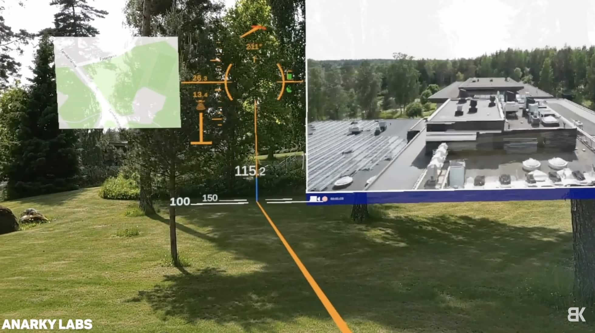 Airhud software from Anarky Labs showing a drone heads-up display in mixed reality.