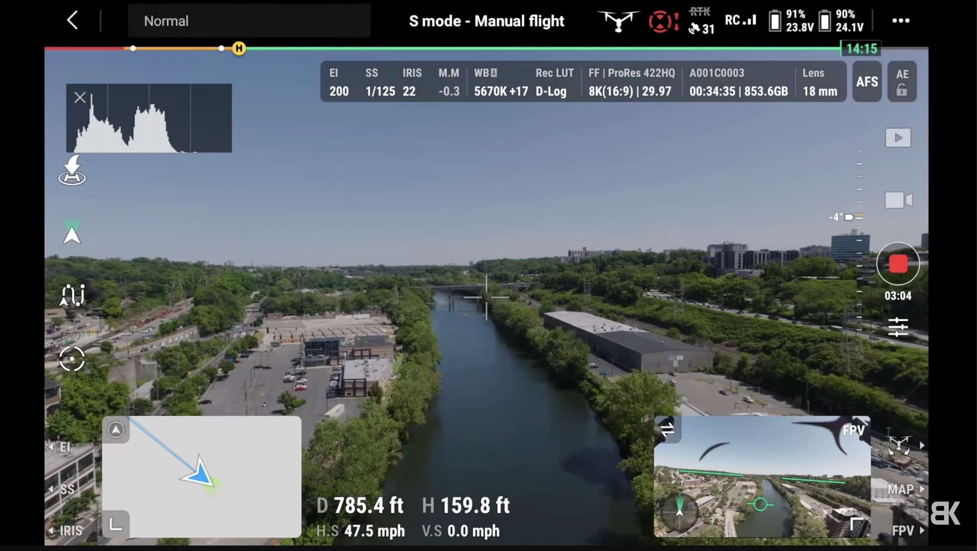 DJI Fly app interface crowded with telemetry, map and settings over the live feed.