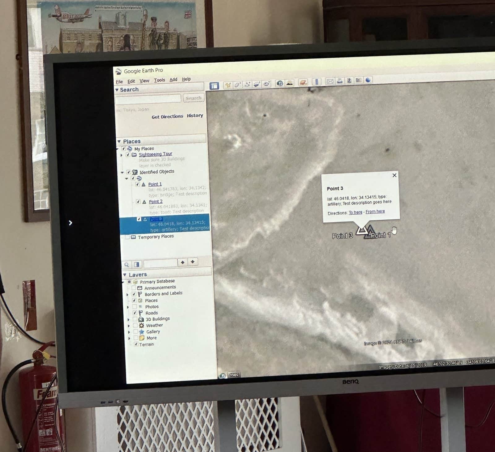 Automatic enemy localization system plotting coordinates in Google Earth Pro.