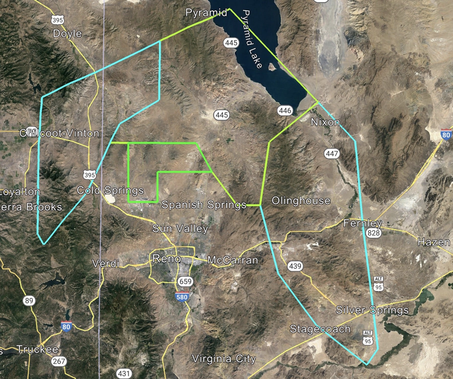 Satellite map of northern Nevada outlining coloured test range airspace boundaries near Reno.