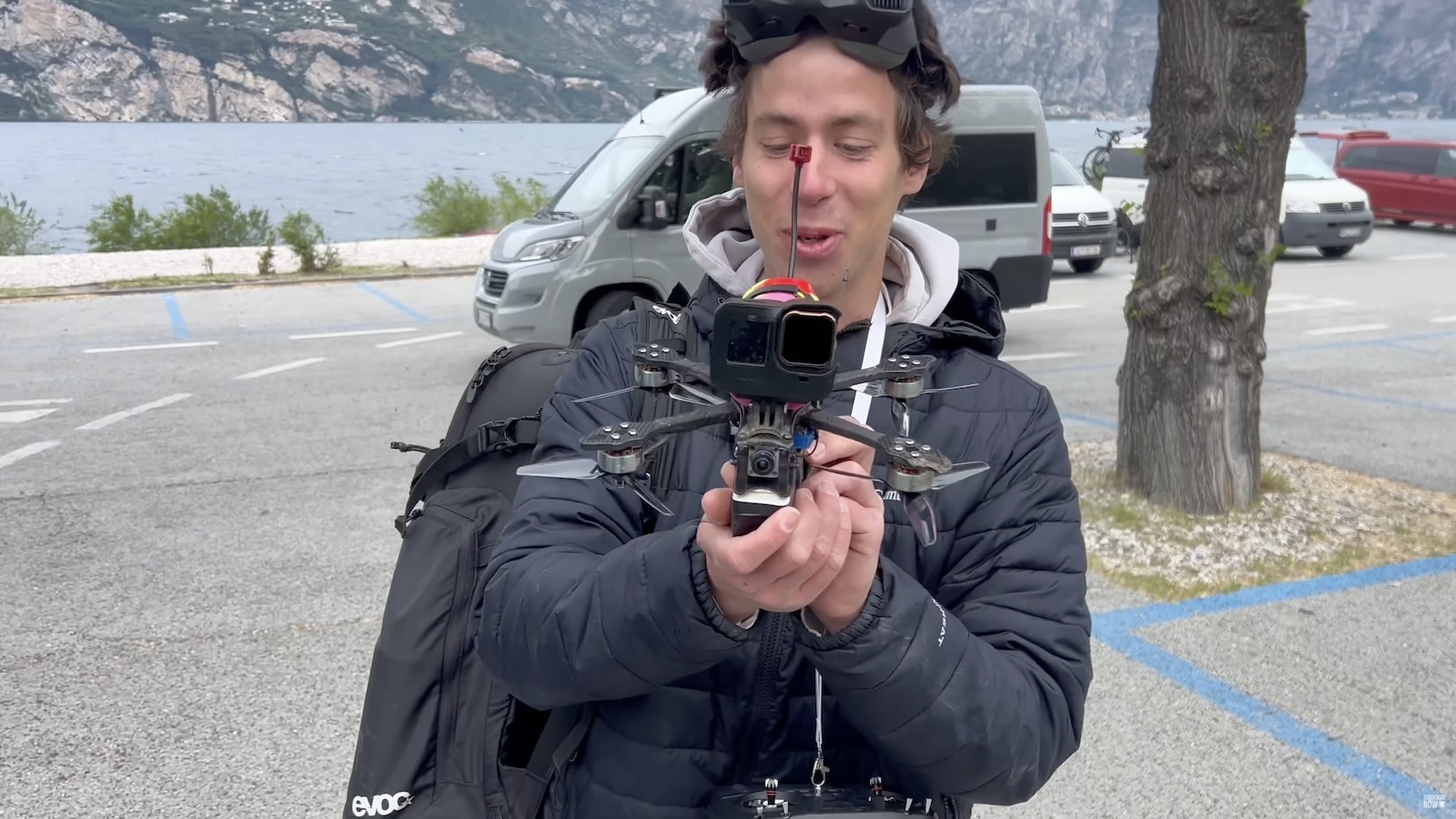 FPV pilot Patrick Lombardi with his waterproof, floatable Aqua 4.0 drone.