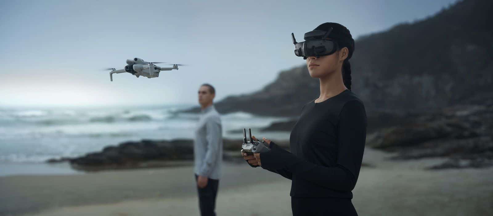 DJI Goggles 3 shown with the DJI Mini 4 Pro and its remote controller.
