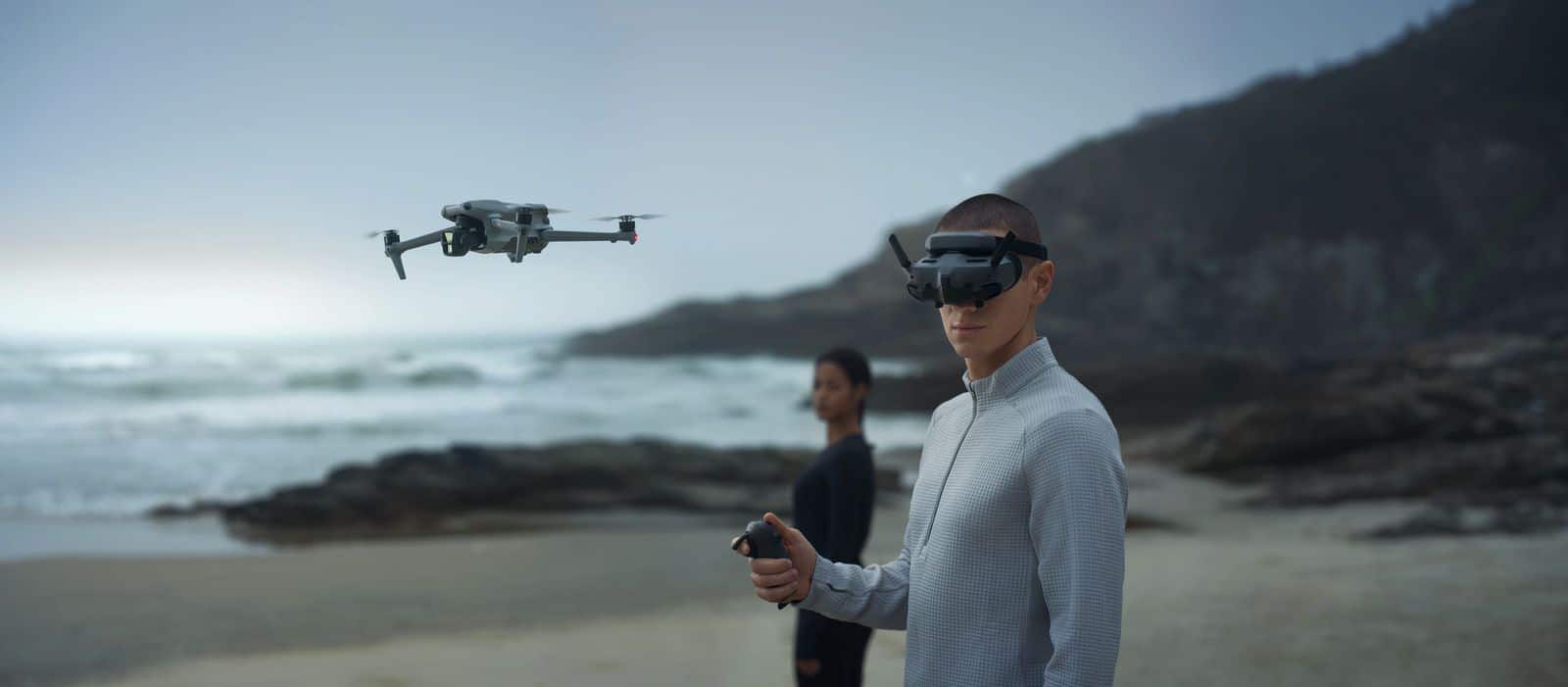 DJI Goggles 3 and RC Motion 3 shown with the compatible DJI Air 3.