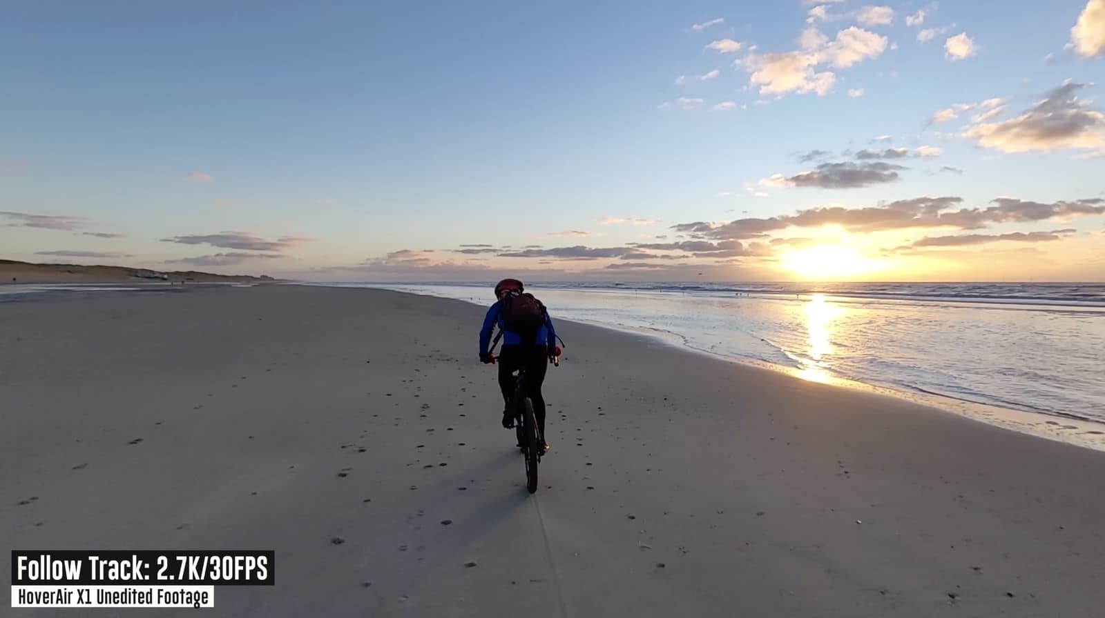 Sunset beach shot from the HoverAir X1 on a windy Dutch coastline.