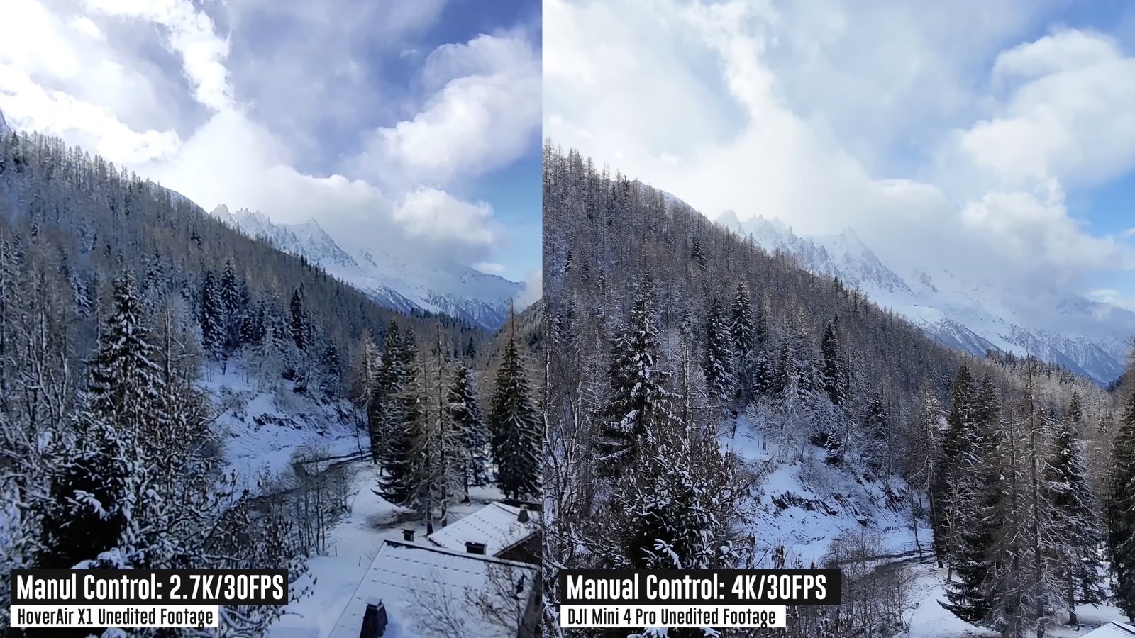 HoverAir X1 and DJI Mini footage compared side by side in bright mountain snow.