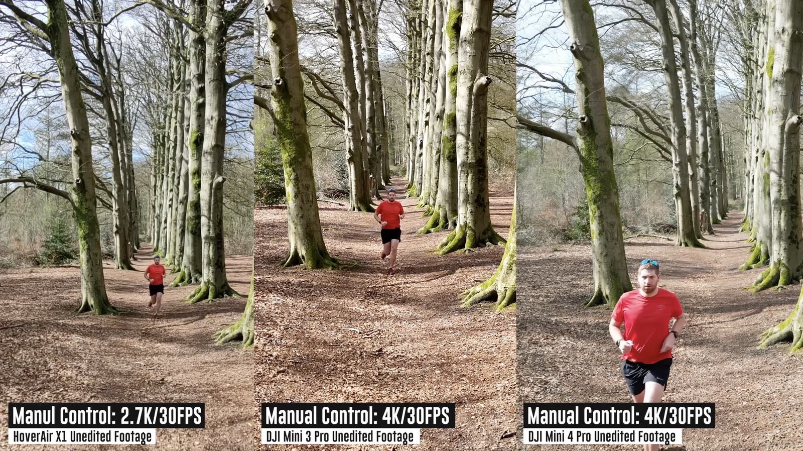 Static comparison shot of the reviewer running toward the HoverAir X1.