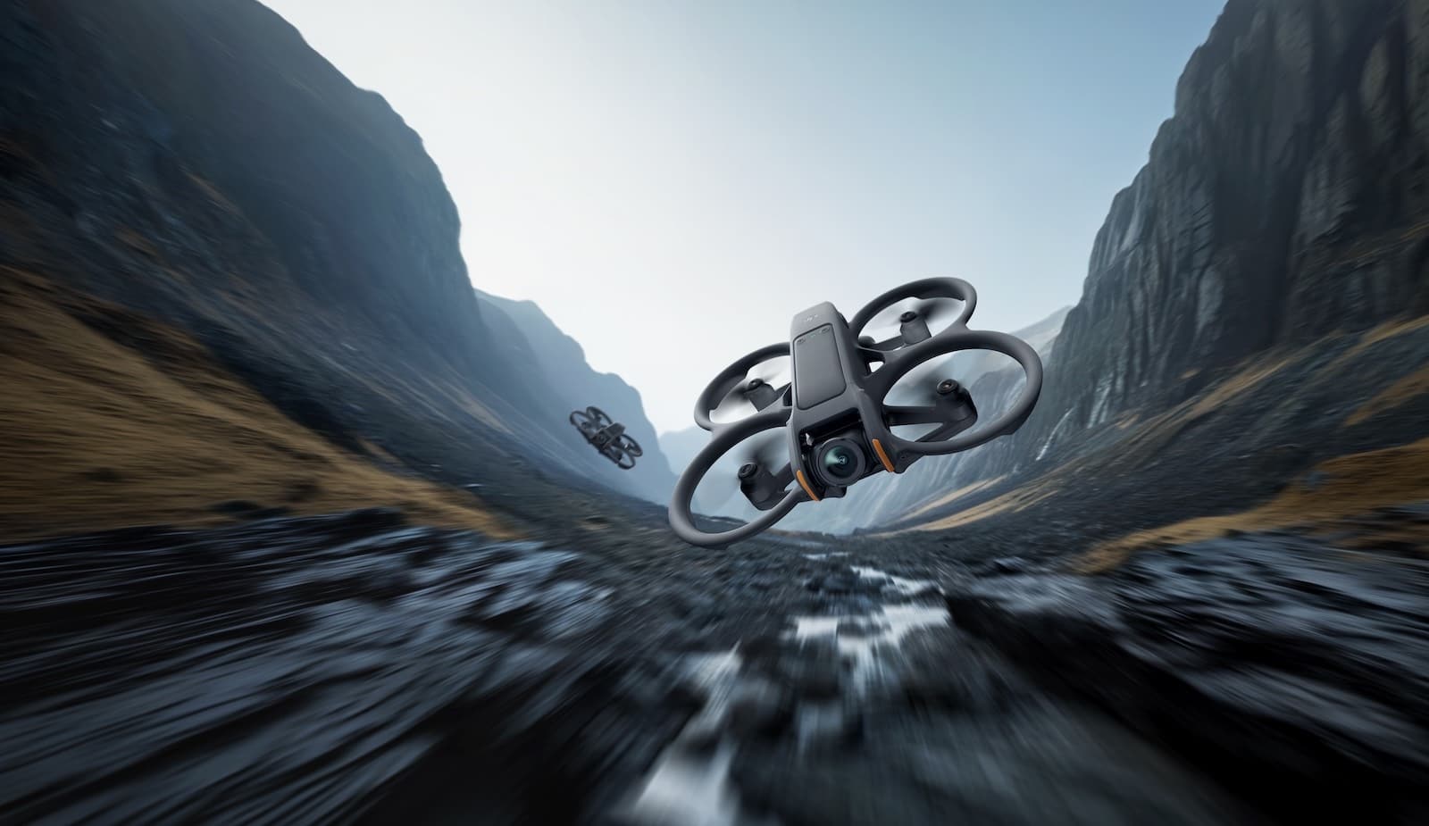 Key visual of the DJI Avata 2 threading through a valley.