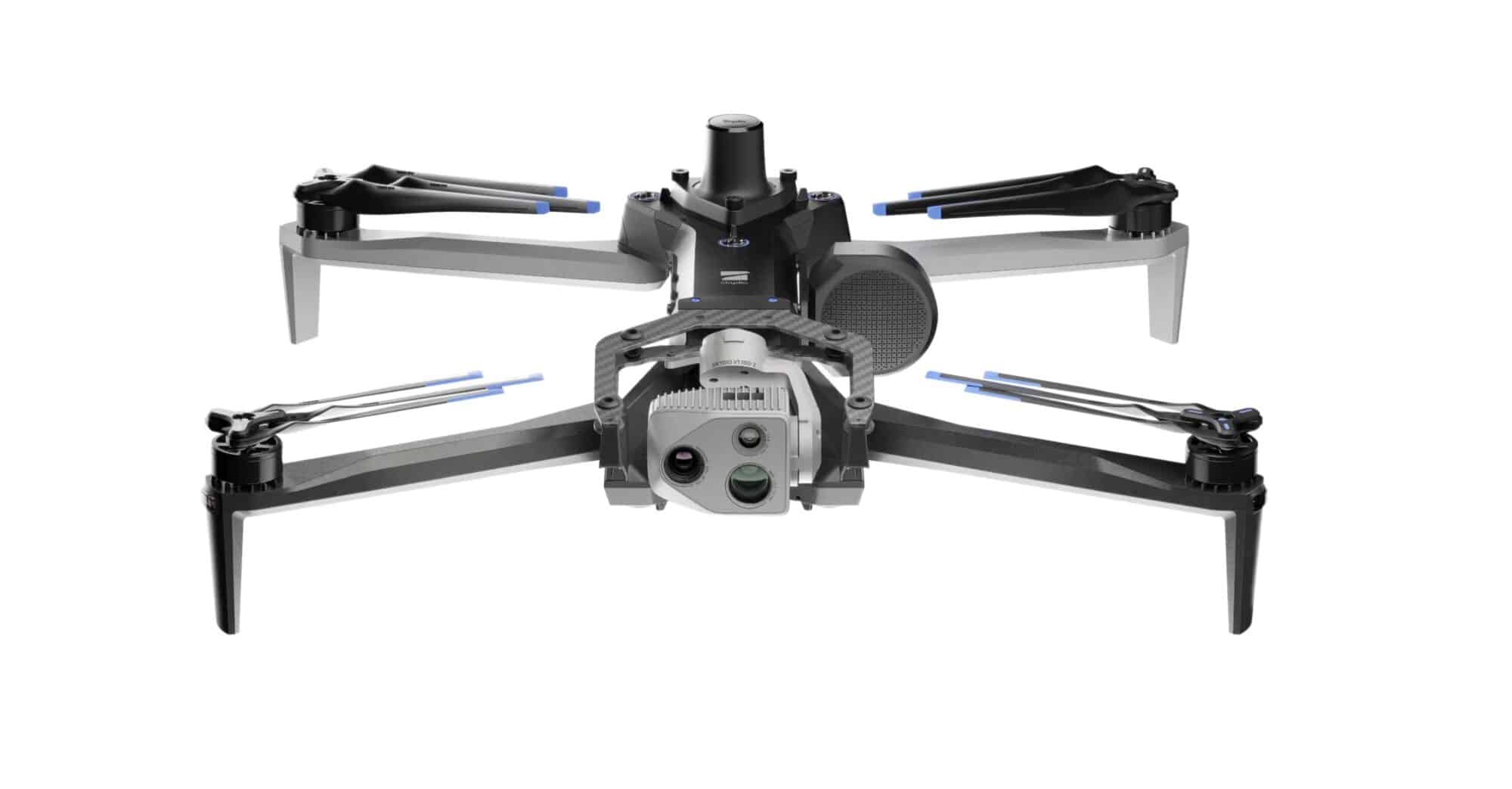 Enterprise quadcopter product shot with a multi-sensor gimbal and top-mounted beacon.