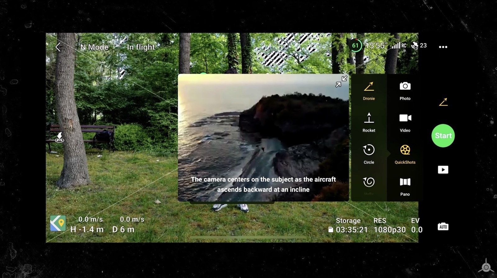 DJI Mini 4K shown during the QuickShots and panorama modes segment.