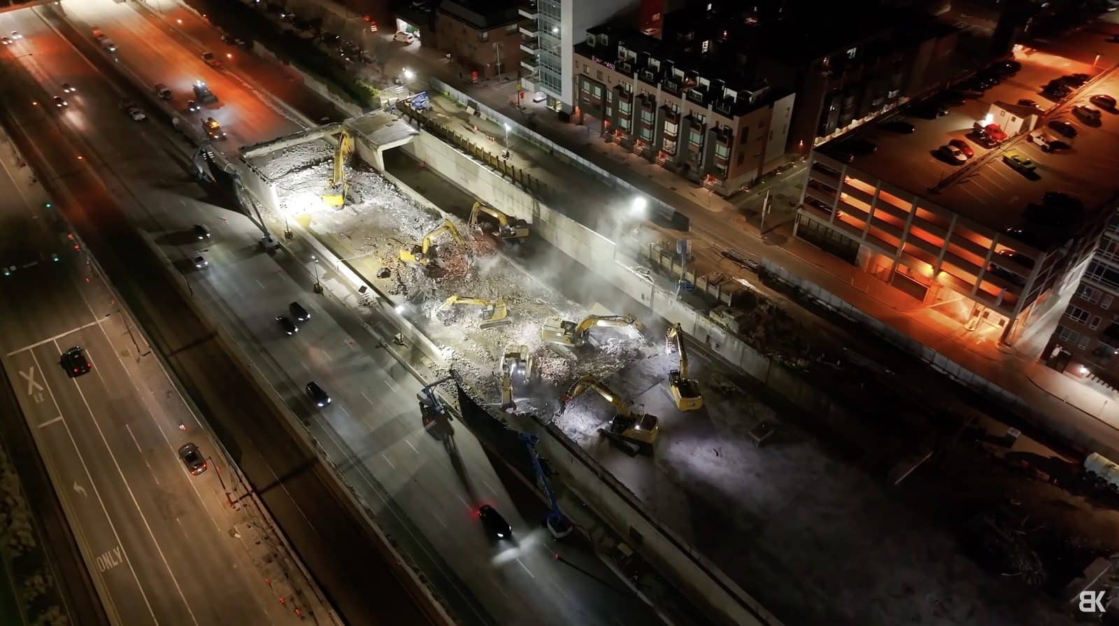 Aerial frame from the I-95 cap project demolition in South Philadelphia.