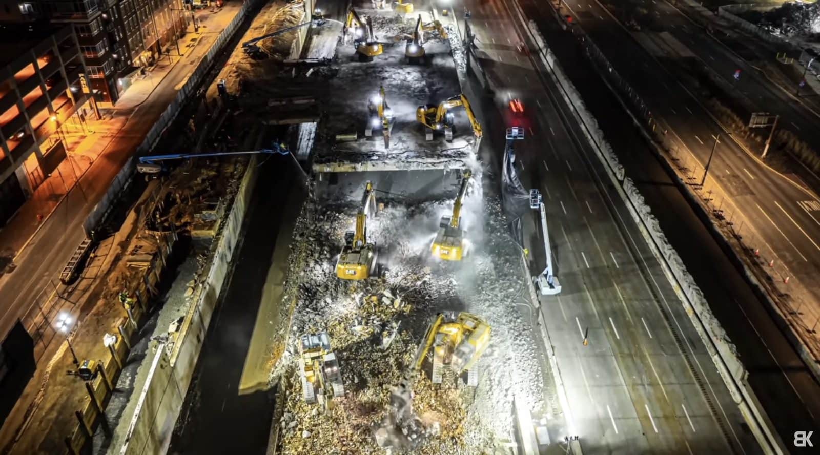 Drone view over the Penn's Landing job site during demolition.