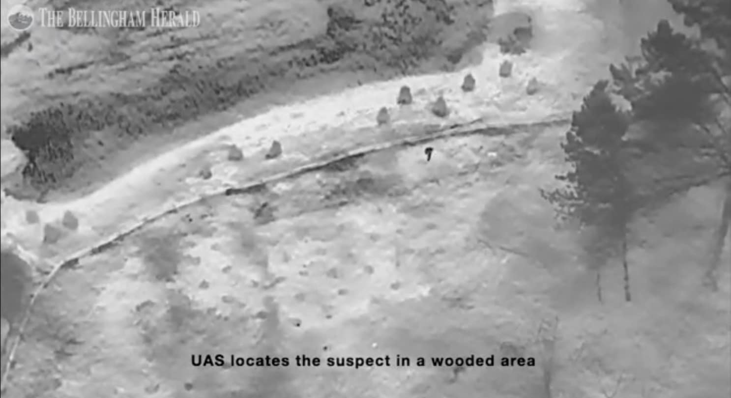 Bellingham Police utilized a K-9 unit and a drone to locate and apprehend a suspect following a report of a suspicious vehicle on November 11, 2022, in Bellingham, Washington. The incident took place in the 300 block of Van Wyck Road, as shown in a video released by the Bellingham Police Department. Photo credit: Bellingham Police Department