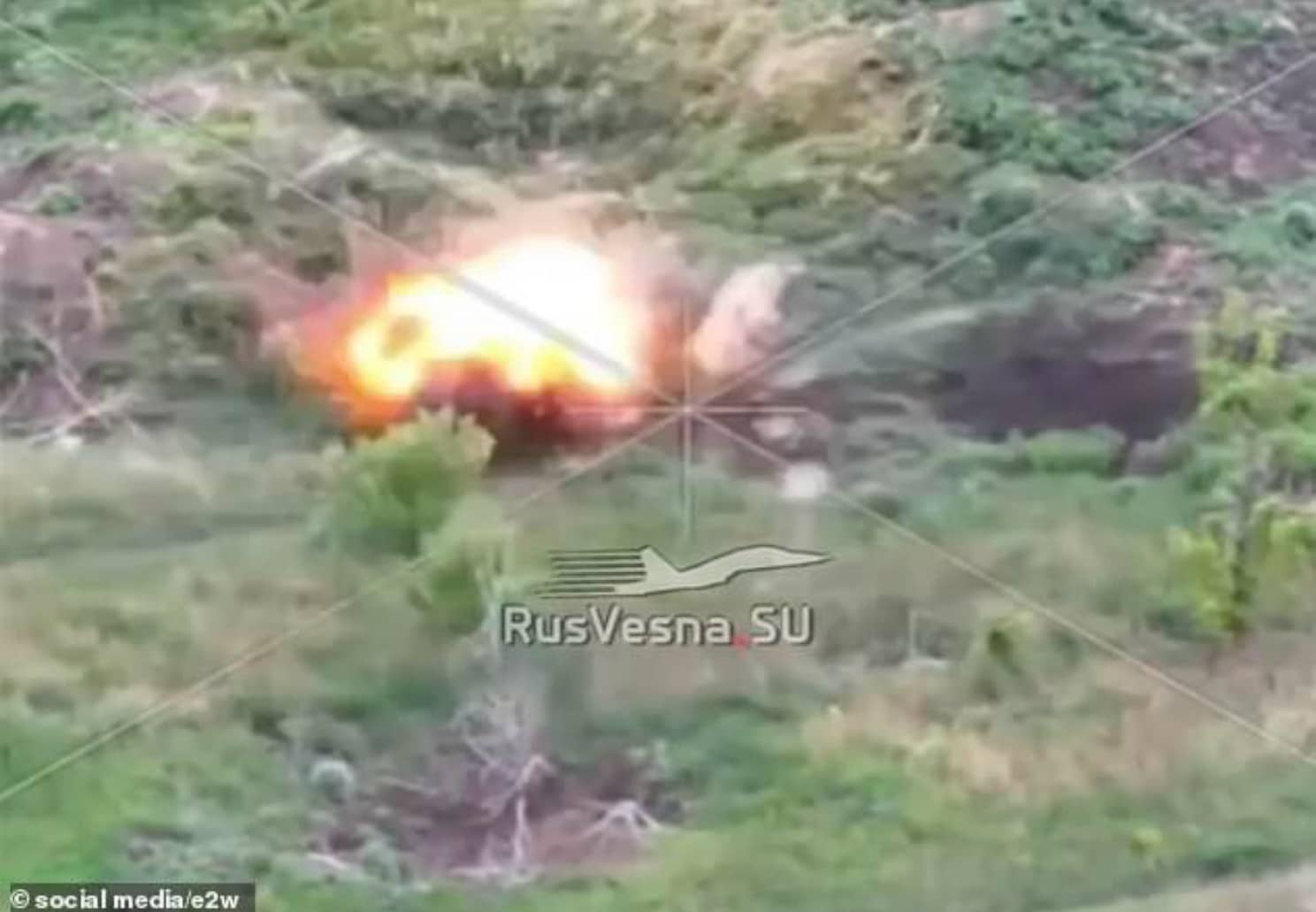 Video still of the blast after the potato sack strikes the Ukrainian drone.