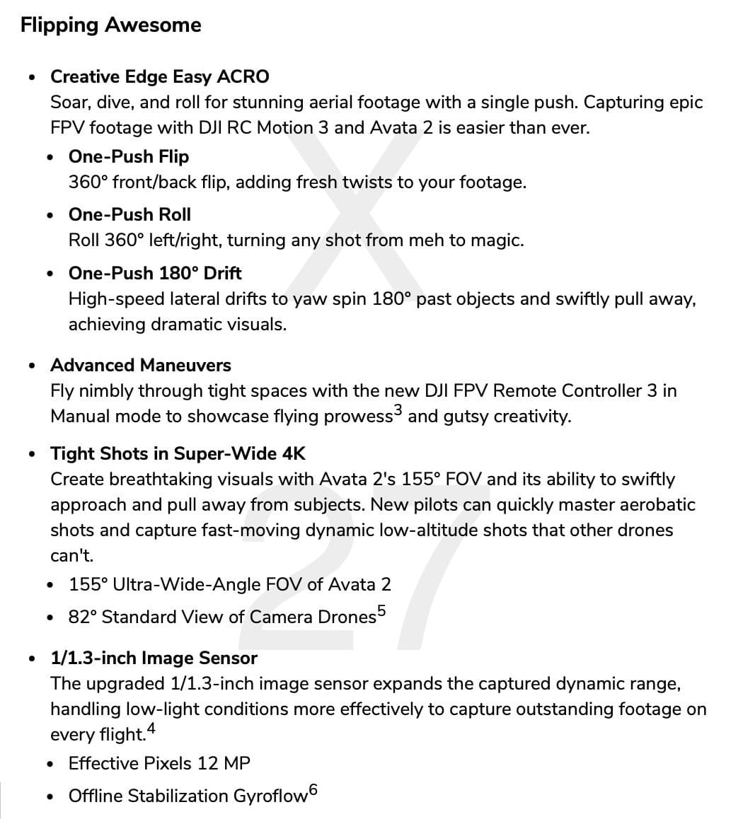 Leaked guide page showing Avata 2 features ahead of the April 11 launch.