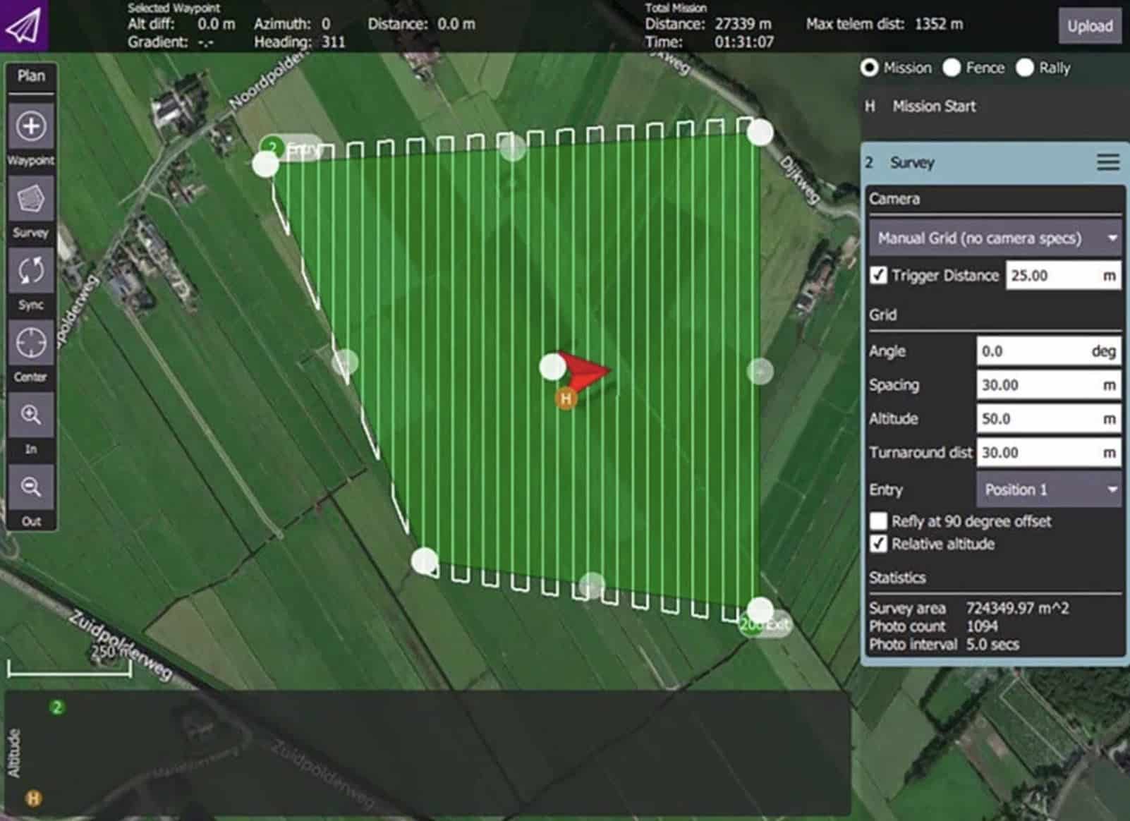 Screenshot of a survey mission plan with a green flight grid over polder farmland.