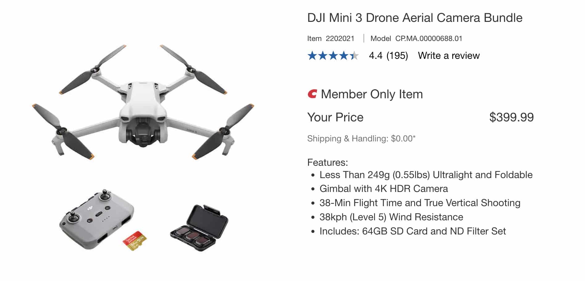 Screenshot of the Costco listing for the DJI Mini 3 bundle at $399.99.
