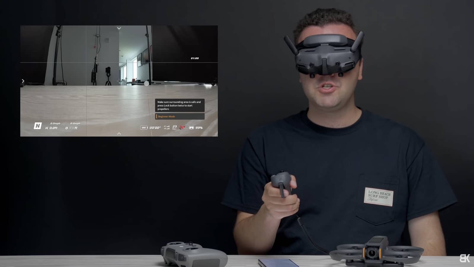 Billy Kyle in the goggles aiming the RC Motion 3, goggle feed shown alongside.