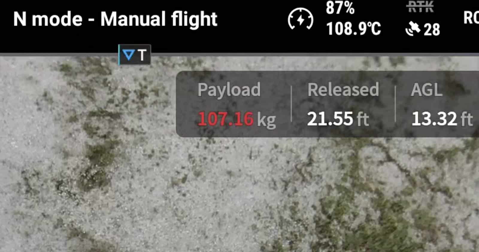 Flight overlay reading N mode manual flight with payload and 21.55-foot release height.