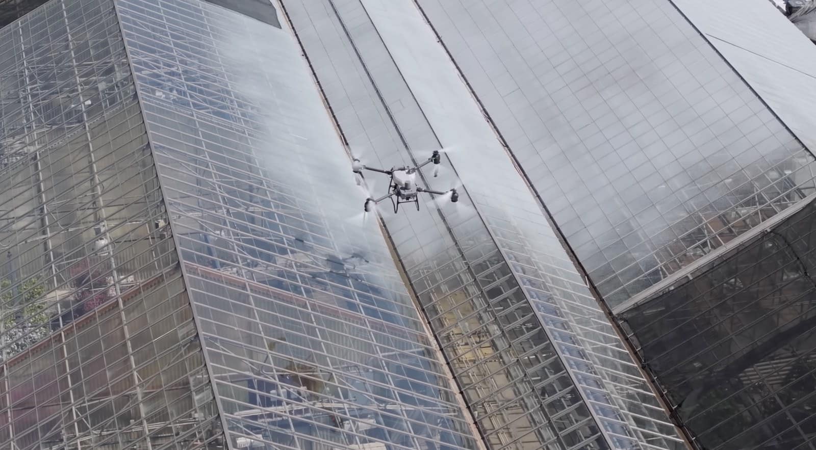 Aerial view of a spray drone whitewashing long glasshouse roofs below.