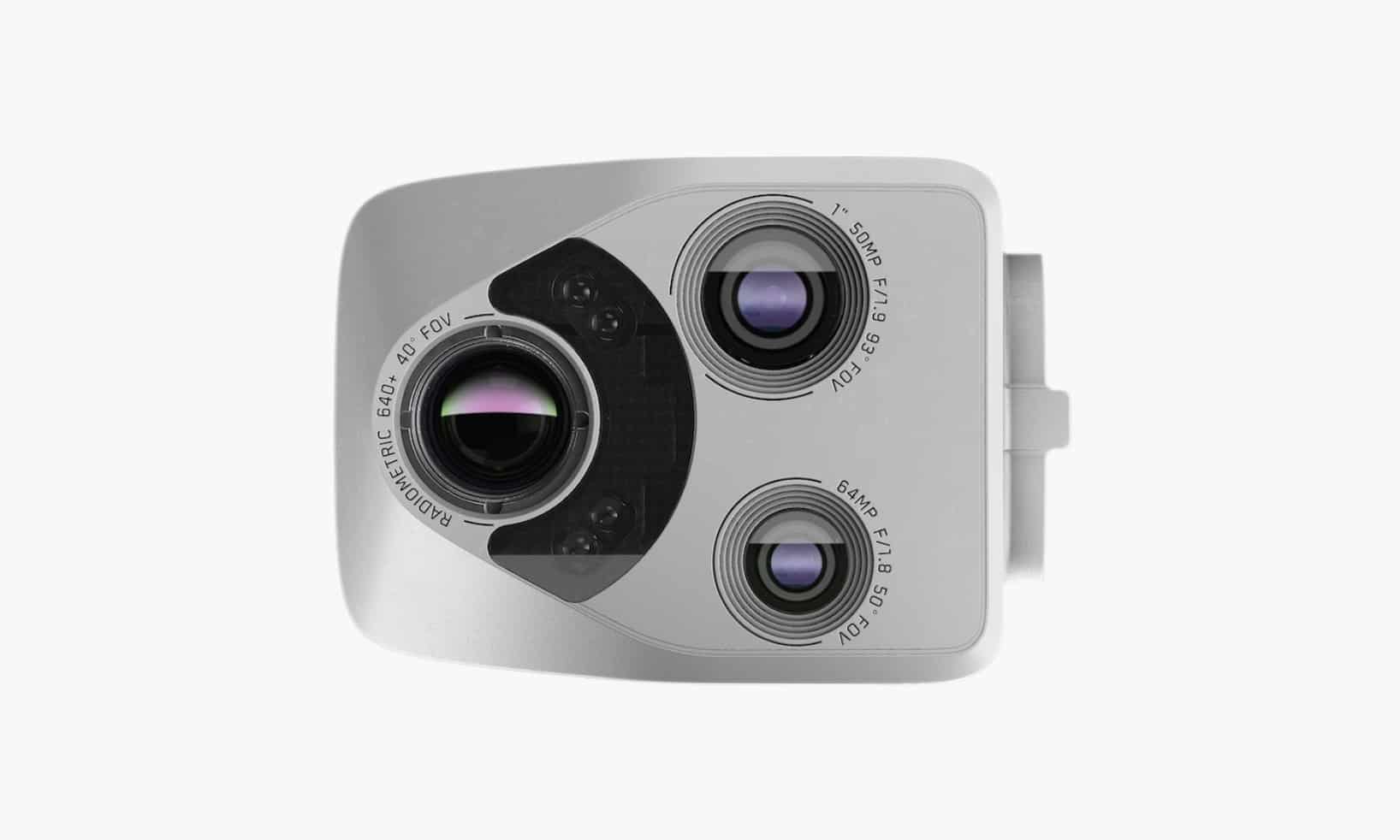 Skydio sensor package with a radiometric thermal lens and two zoom lenses.