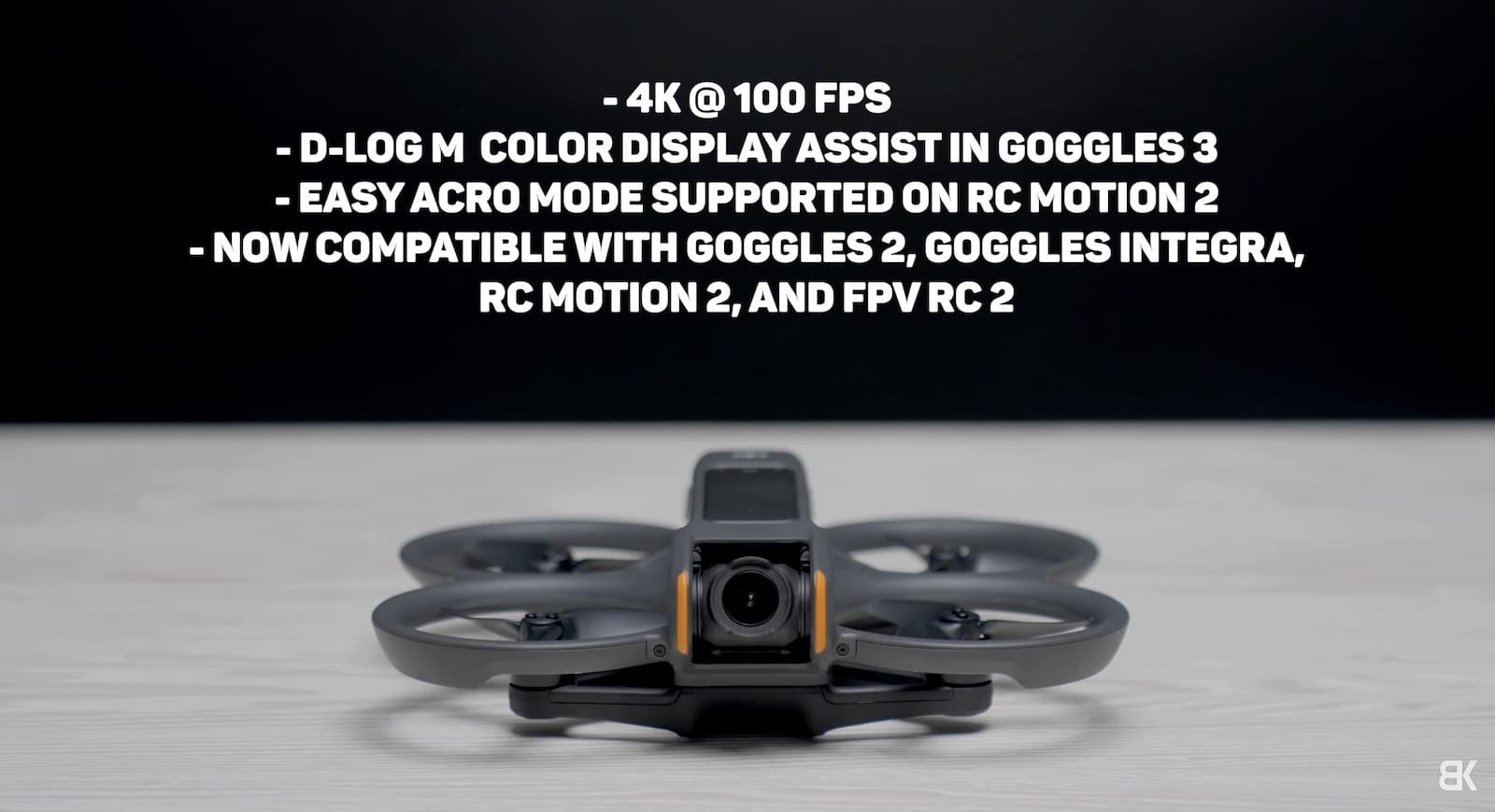 DJI Avata 2 with on-screen text listing new firmware features including 4K at 100fps.