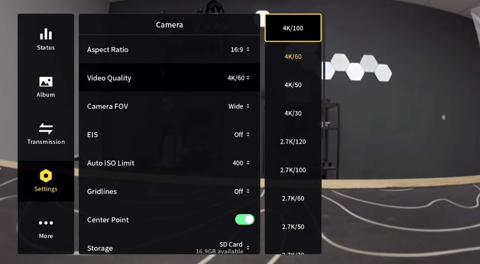 Goggles camera menu with the new 4K/100 video quality option highlighted.
