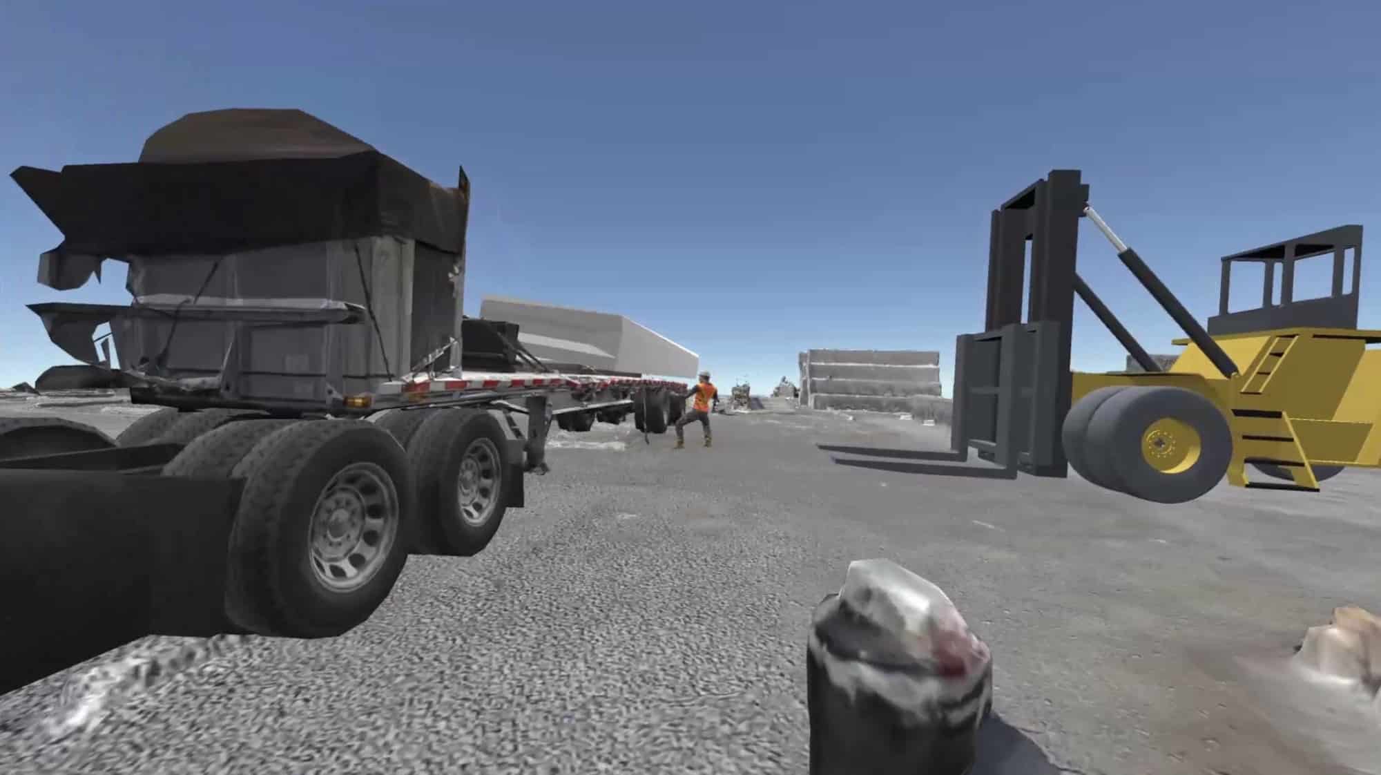 Simulated truck crash scene with a forklift and responders in a 3D training model.