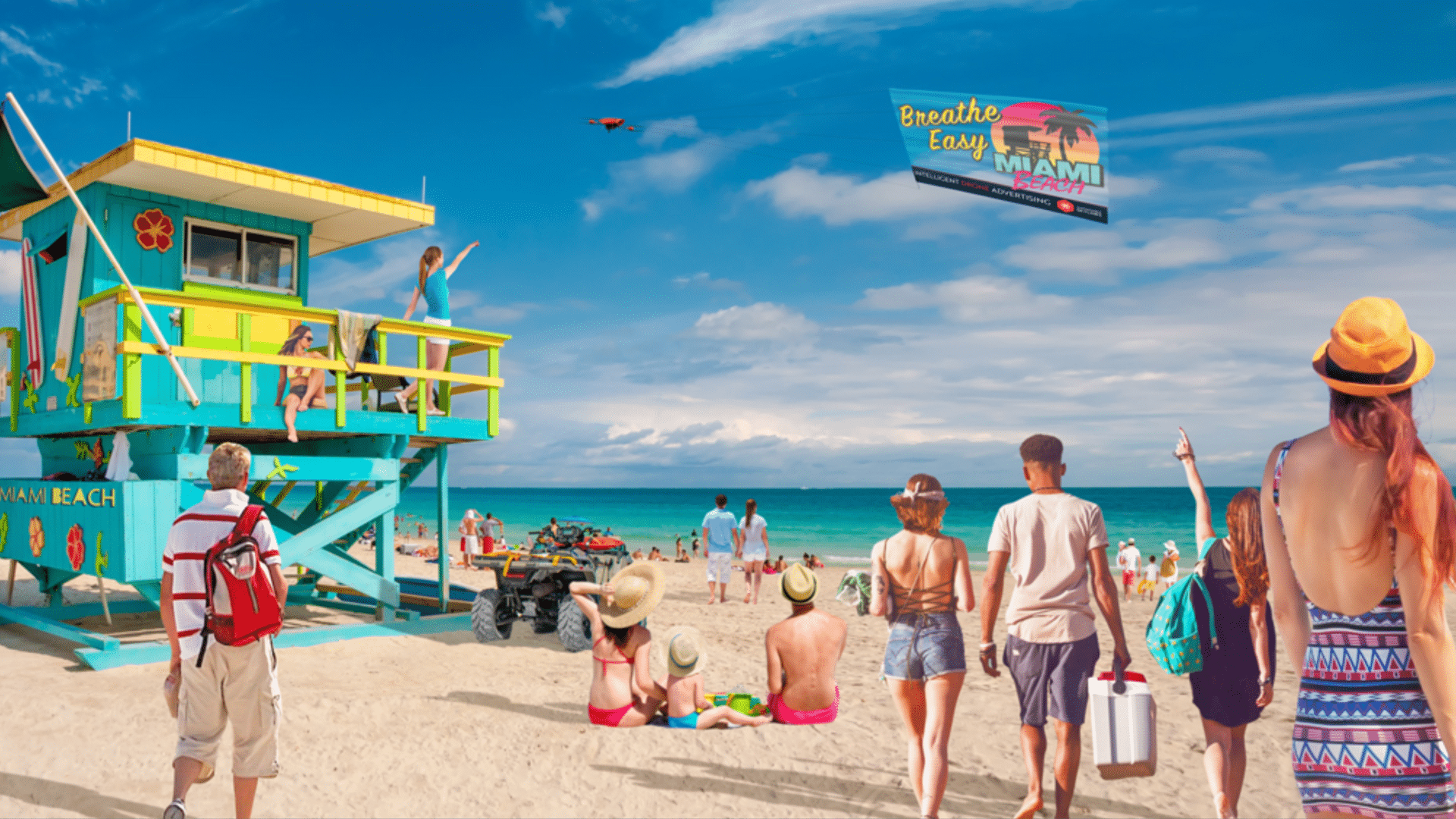 Rendering of an aerial advertising banner above a Miami Beach lifeguard tower.