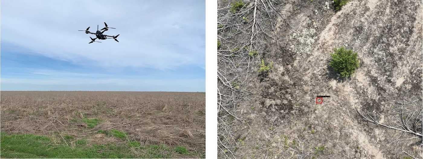 Quadcopter over a Ukrainian field beside an aerial frame boxing a suspected landmine.