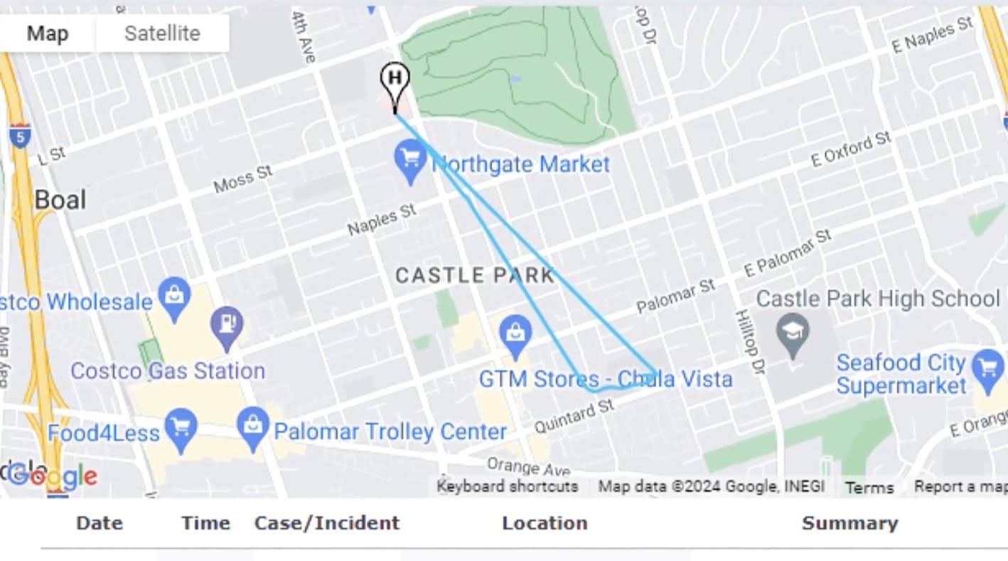 Map of Castle Park showing a drone flight track above an incident log.