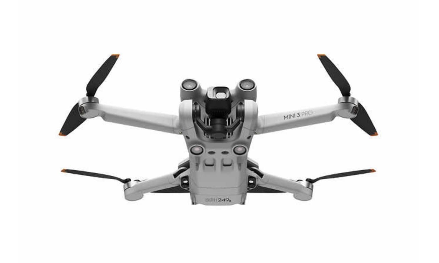 Front view of the DJI Mini 3 Pro with arms unfolded and props extended.