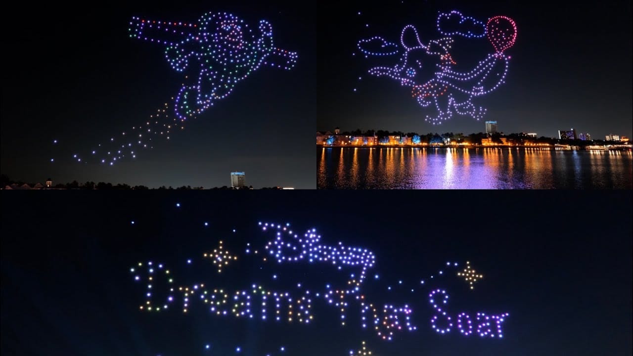 Drone light show painting characters and the words Dreams That Soar above water.