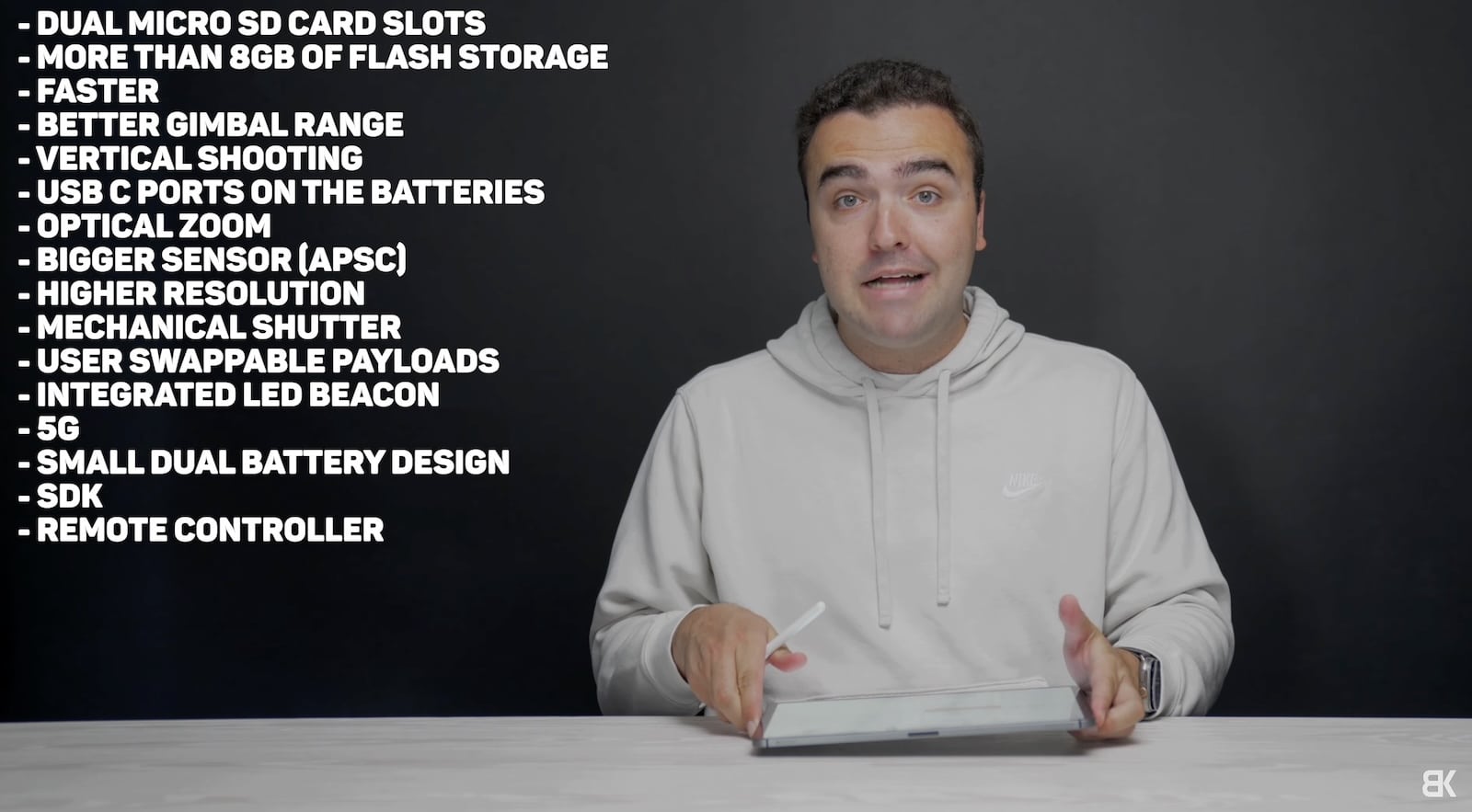 Presenter beside a wishlist overlay of features requested for a future Mavic.
