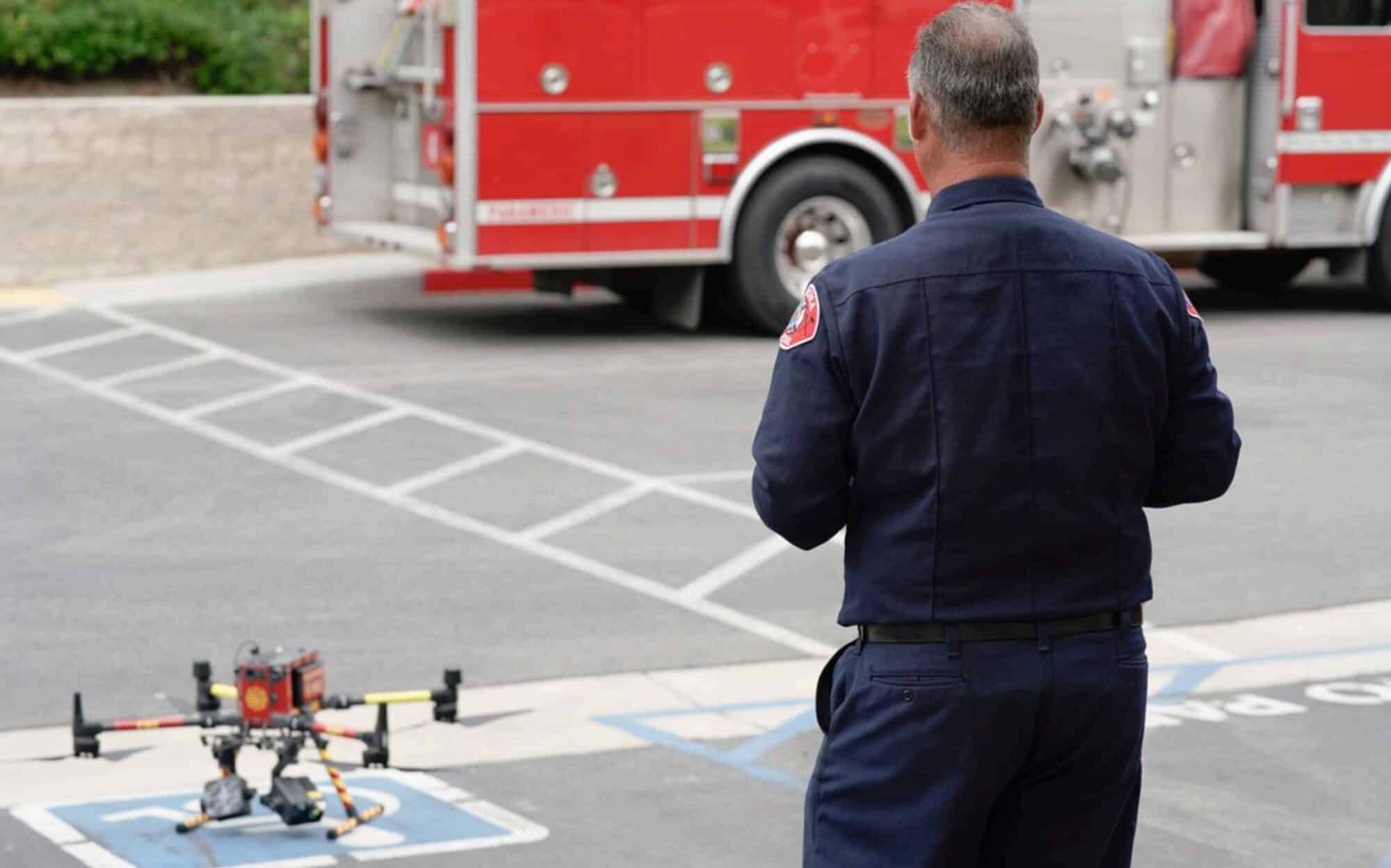 A firefighter at Corona Fire Department in Corona, CA flying their drone program’s DJI Matrice 300