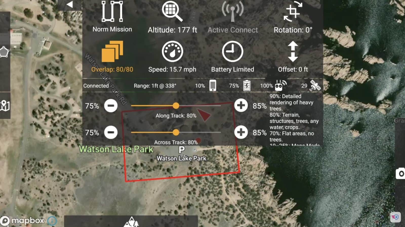 Screenshot of Map Pilot Pro settings with 177 feet (54 meters) altitude and 80/80 overlap.