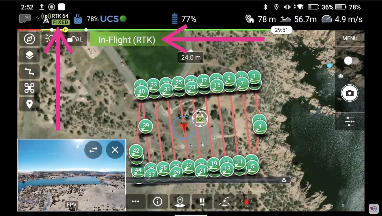 Screenshot of the in-flight RTK screen with pink arrows marking the lawnmower flight lines.