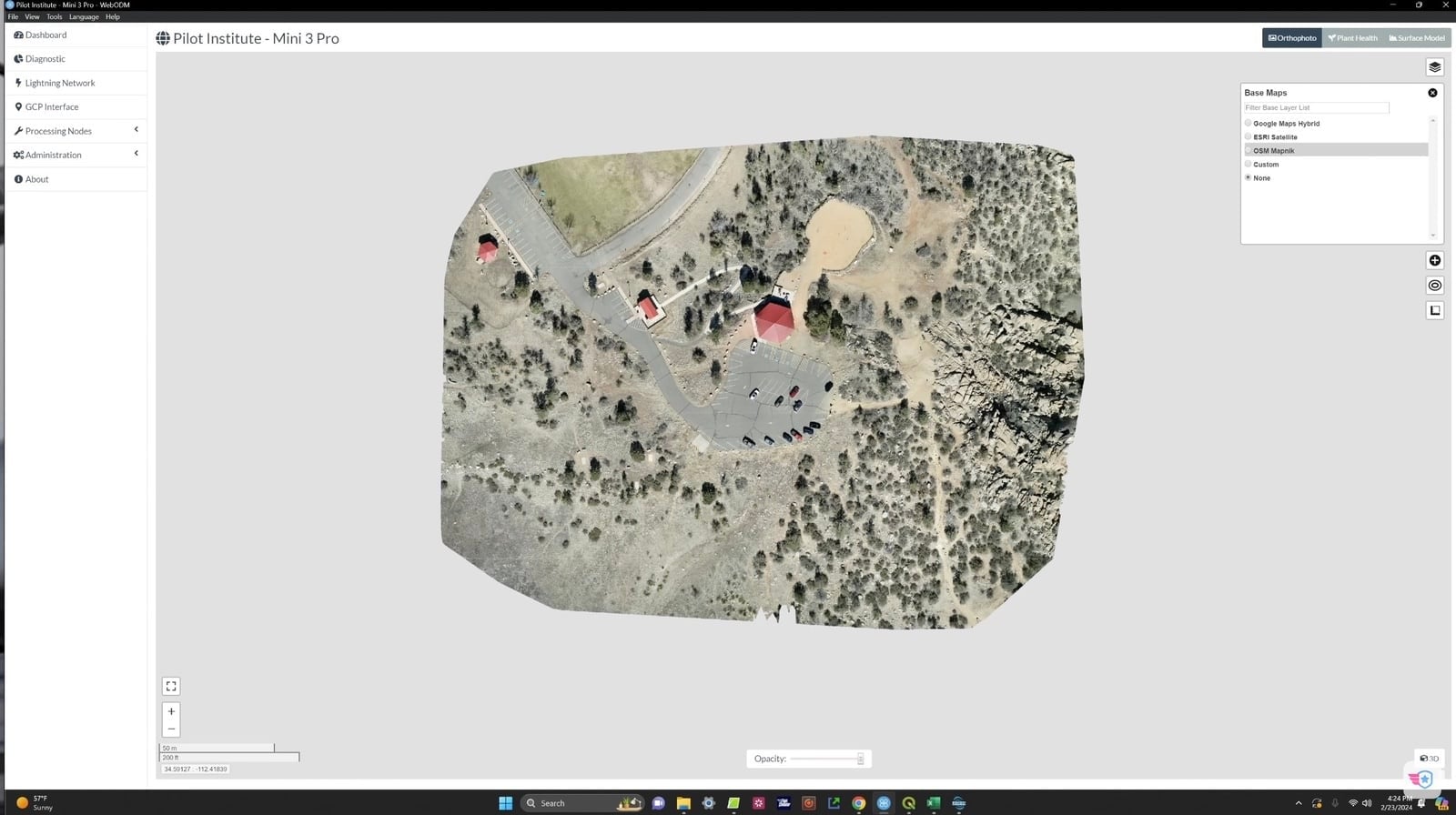 Screenshot of WebODM displaying the finished orthomosaic of the mapped park.
