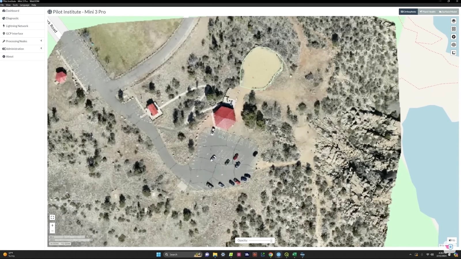 Screenshot of the orthomosaic overlaid on a basemap inside WebODM.