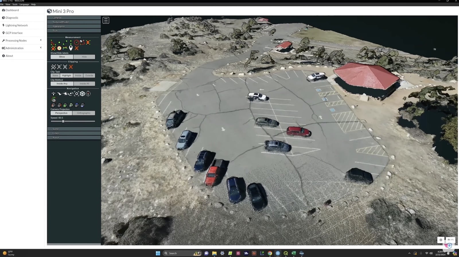 Screenshot of the WebODM 3D model showing individual cars in the parking lot.