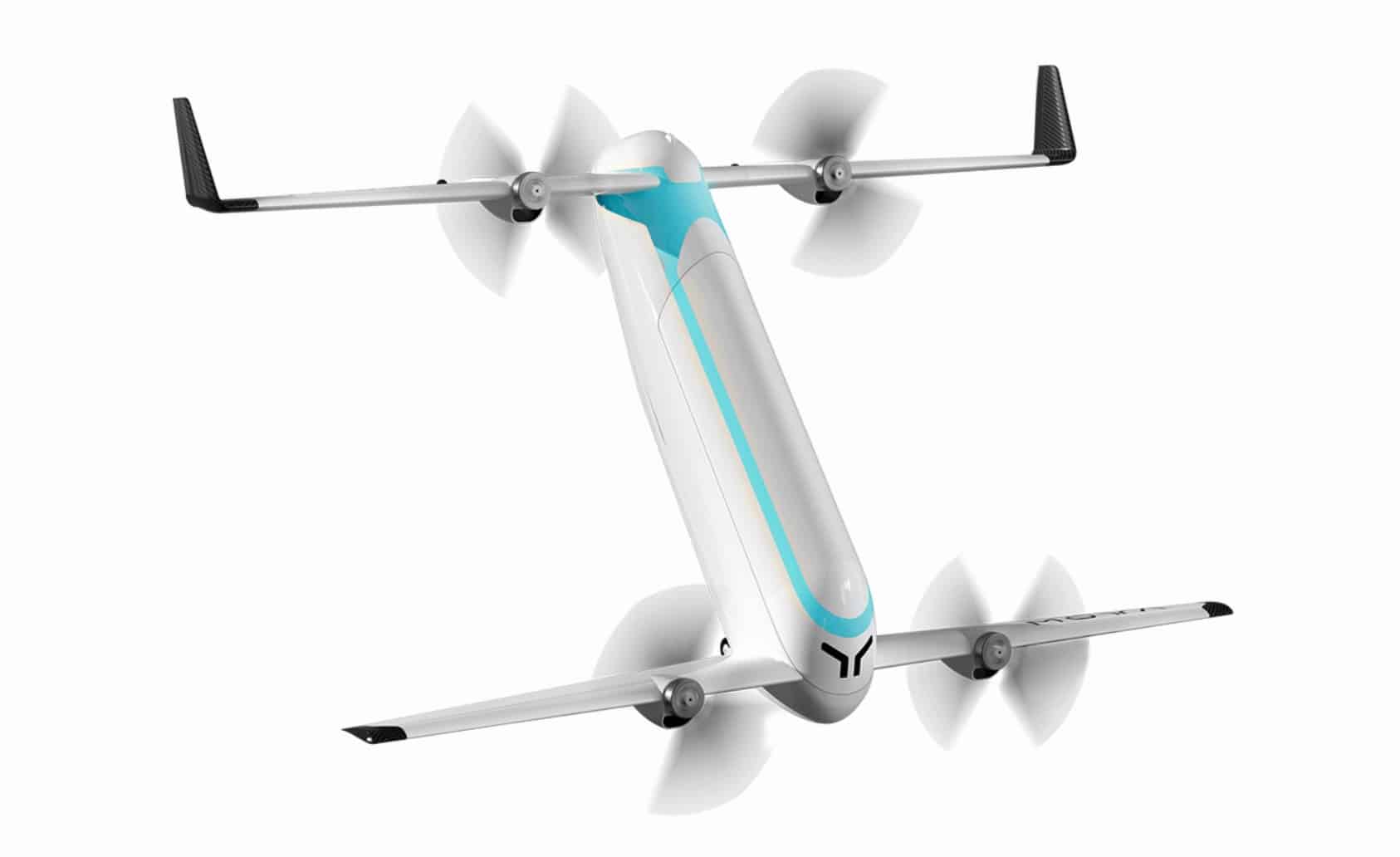 Render of the Moya aircraft climbing with wings tilted and propellers blurred.